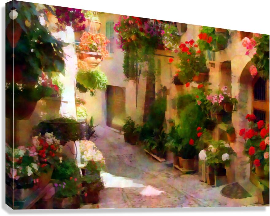 Flower Filled Cobblestone Alley  Canvas Print