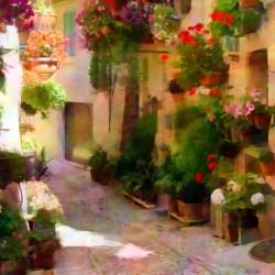Flower Filled Cobblestone Alley