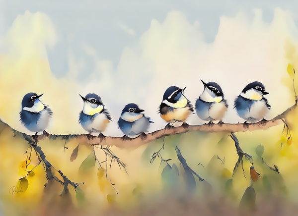 Baby Chickadees on a Branch Print
