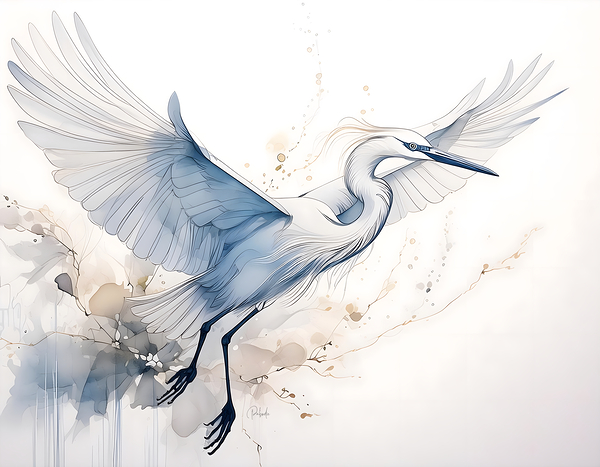 Egret In Flight Ink Wash by Pabodie Art