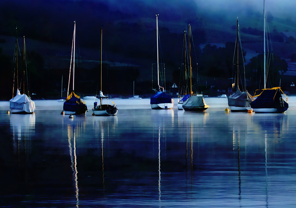 Sailboats and Mooring Buoys at Dusk Print