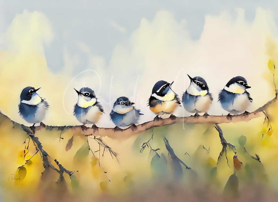 Baby Chickadees on a Branch  Print