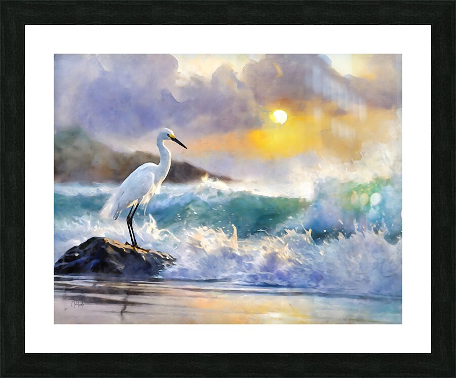 The Egret And The Rough Sea  Framed Print Print
