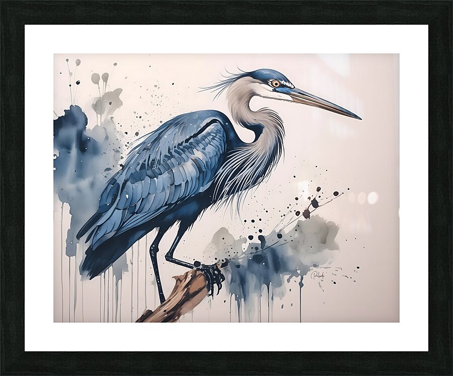 Great Blue Heron Ink Wash  Framed Print Print