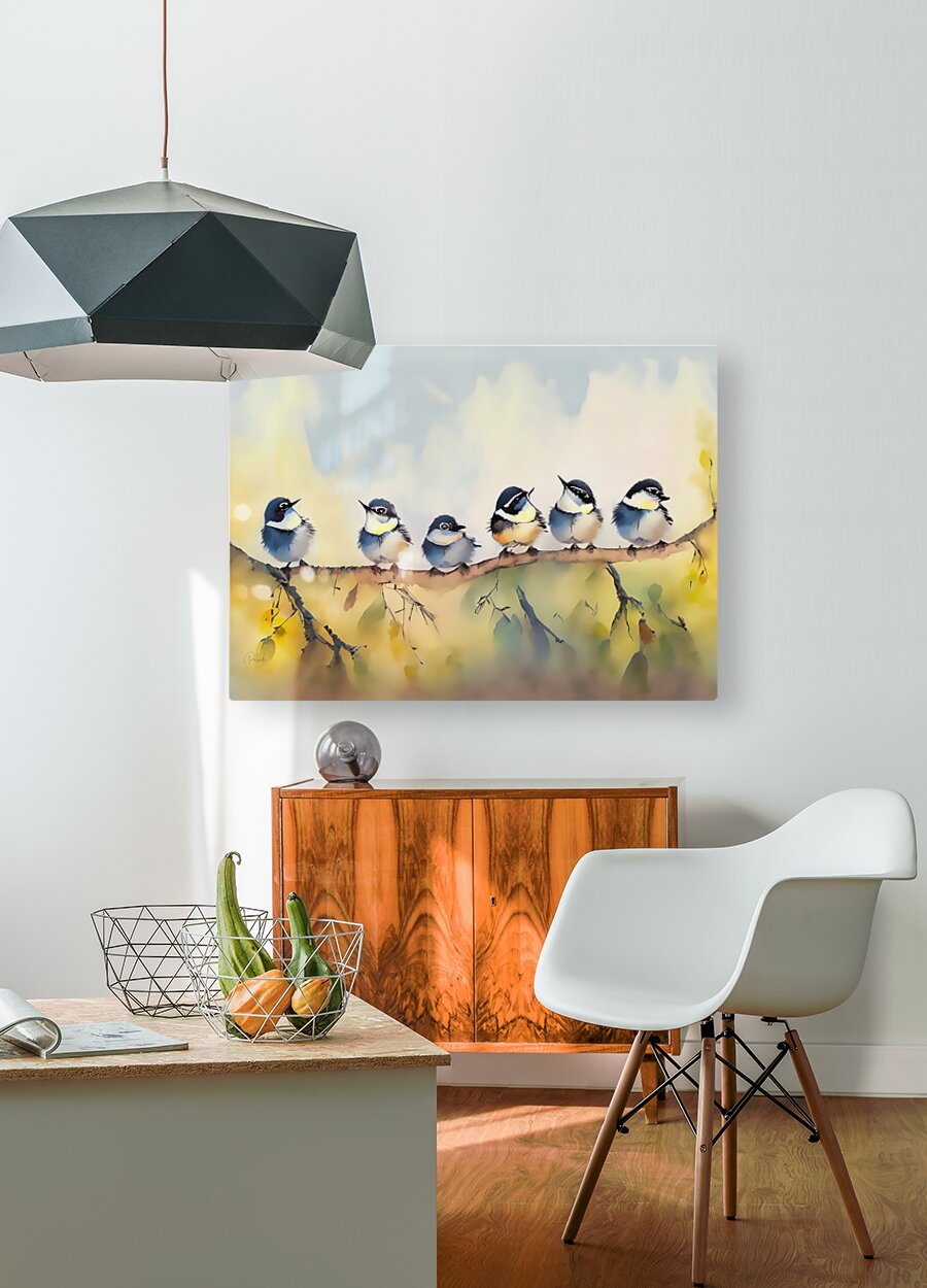 Baby Chickadees on a Branch  HD Metal print with Floating Frame on Back
