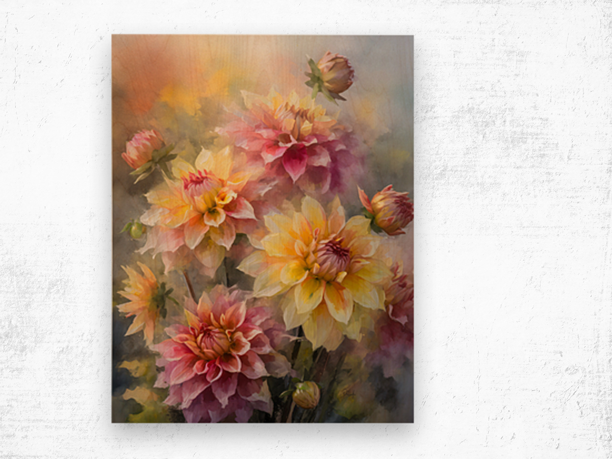 Dahlia Blooms and Buds Wood print